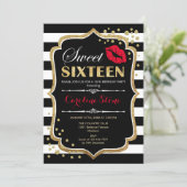 16th Birthday - Sweet Sixteen Black Red Gold Invitation (Standing Front)