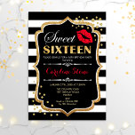 16th Birthday - Sweet Sixteen Black Red Gold Invitation<br><div class="desc">Sweet Sixteen Birthday Invitation.
Elegant black white design with faux glitter gold. Features red lips kiss,  black white stripes,  confetti and script font. Perfect for a stylish 16th birthday party. Message me if you need further customization.</div>
