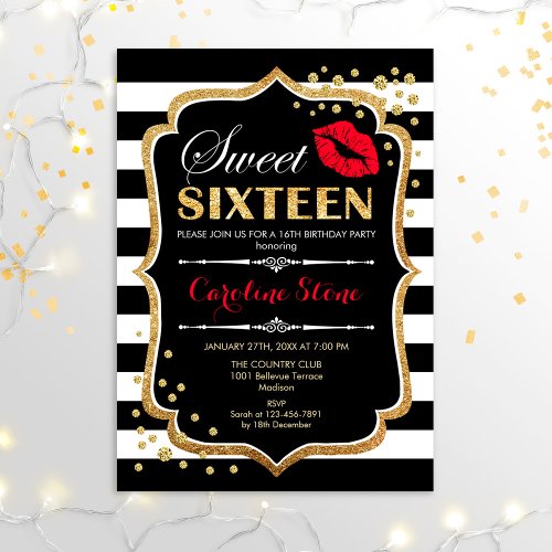 16th Birthday _ Sweet Sixteen Black Red Gold Invitation