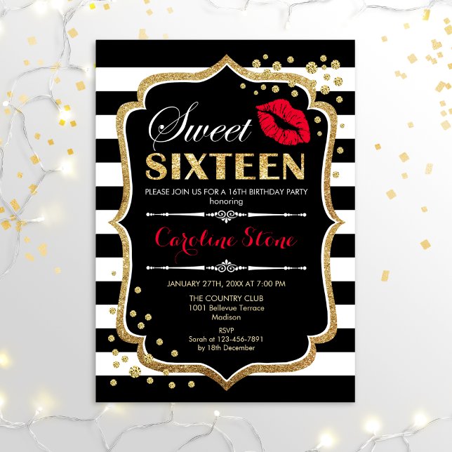 16th Birthday - Sweet Sixteen Black Red Gold Invitation