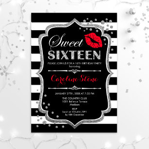 16th Birthday - Sweet Sixteen Black Red Silver Invitation