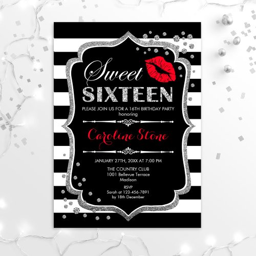 16th Birthday _ Sweet Sixteen Black Red Silver Invitation