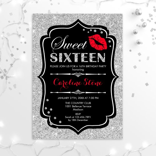 16th Birthday _ Sweet Sixteen Black Red Silver Invitation