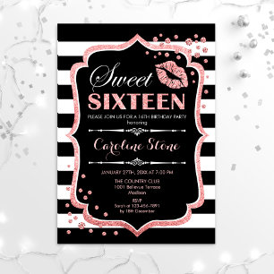 16th Birthday - Sweet Sixteen Black Rose Gold Invitation