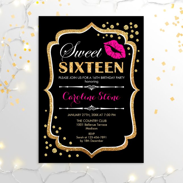 16th Birthday - Sweet Sixteen Gold Black Pink Invitation (Creator Uploaded)