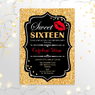 16th Birthday - Sweet Sixteen Gold Black Red Invitation