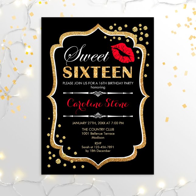 16th Birthday - Sweet Sixteen Gold Black Red Invitation (Creator Uploaded)