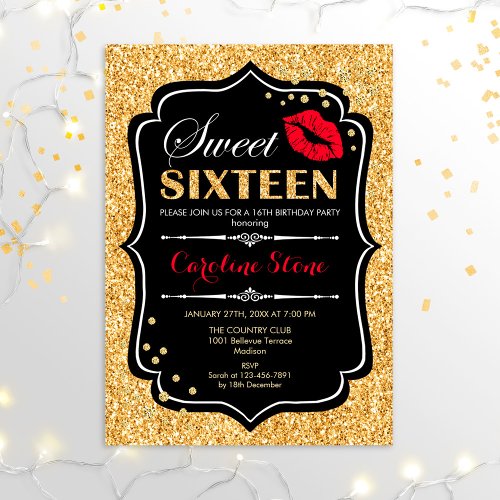 16th Birthday _ Sweet Sixteen Gold Black Red Invitation