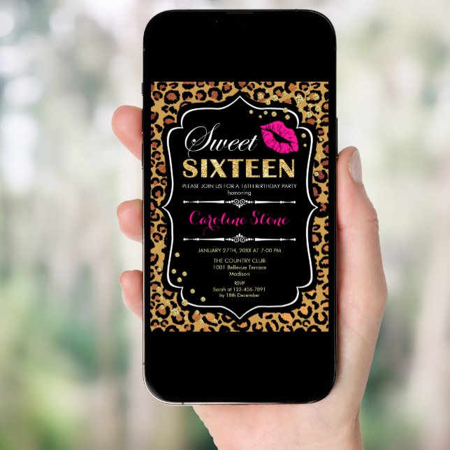 16th Birthday - Sweet Sixteen Leopard Print Pink Invitation (Front Digital)