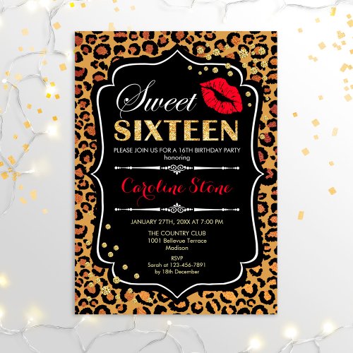 16th Birthday _ Sweet Sixteen Leopard Print Red Invitation