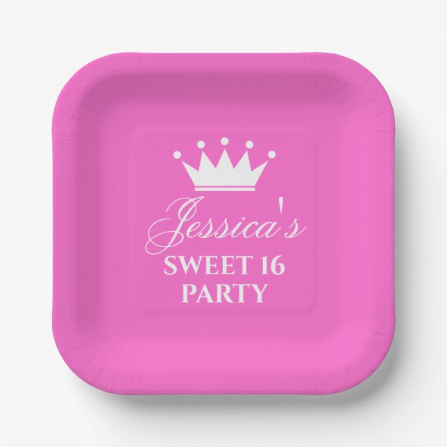 16Th Birthday sweet sixteen party hot pink custom Paper Plates (Front)