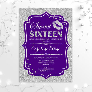 16th Birthday - Sweet Sixteen Purple Silver Invitation