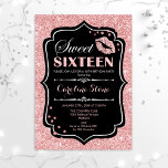 16th Birthday - Sweet Sixteen Rose Gold Black Invitation<br><div class="desc">Sweet Sixteen Birthday Invitation.
Elegant black white design with faux glitter rose gold. Features pink lips kiss,  confetti and script font. Perfect for a stylish 16th birthday party. Message me if you need further customization.</div>