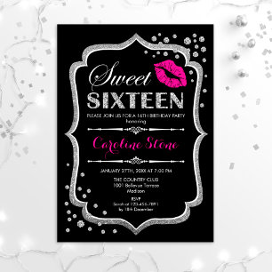 16th Birthday - Sweet Sixteen Silver Black Pink Invitation