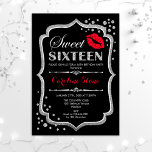 16th Birthday - Sweet Sixteen Silver Black Red Invitation<br><div class="desc">Sweet Sixteen Birthday Invitation.
Elegant black white design with faux glitter silver. Features red lips kiss,  confetti and script font. Perfect for a stylish 16th birthday party. Message me if you need further customization.</div>