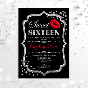 16th Birthday - Sweet Sixteen Silver Black Red Invitation