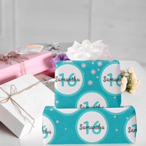 16th birthday teal green glitter diamonds wrapping paper