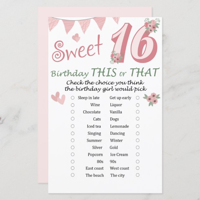 16th Birthday This or That Game (Front/Back)
