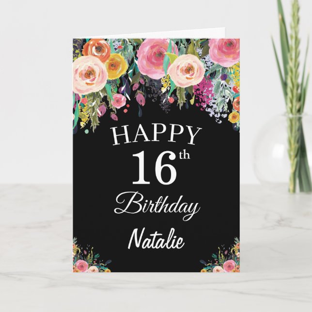 16th Birthday Watercolor Floral Flowers Black Card (Front)