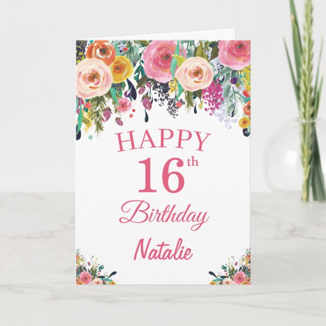 16th Birthday Watercolor Floral Flowers Pink Card (Front)