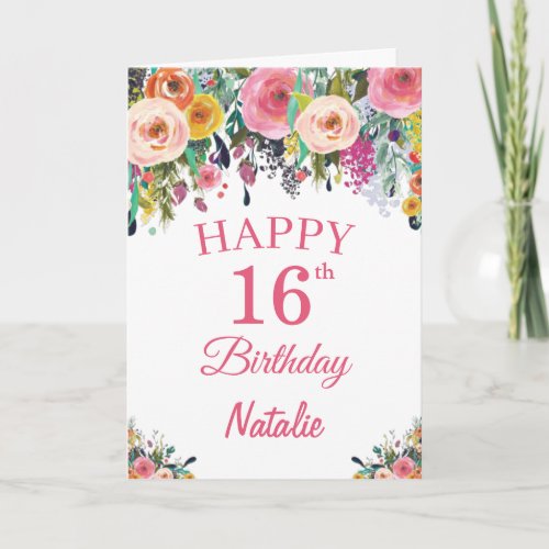 16th Birthday Watercolor Floral Flowers Pink Card