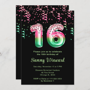 16th Birthday Watermelon Balloons with Confetti Invitation