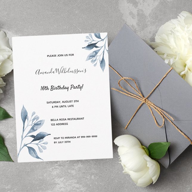 16th birthday white blue botanical invitation postcard (Creator Uploaded)