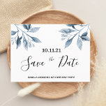 16th birthday white blue botanical save the date postcard<br><div class="desc">An elegant and simple Save the Date card for a Sweet Sixteenth 16th birthday party. A chic white background decorated ice blue watercolored botanical florals. Templates for a date and name/age 16. Black colored letters. The text: Save the Date is written with a large trendy hand lettered style script. Tip:...</div>