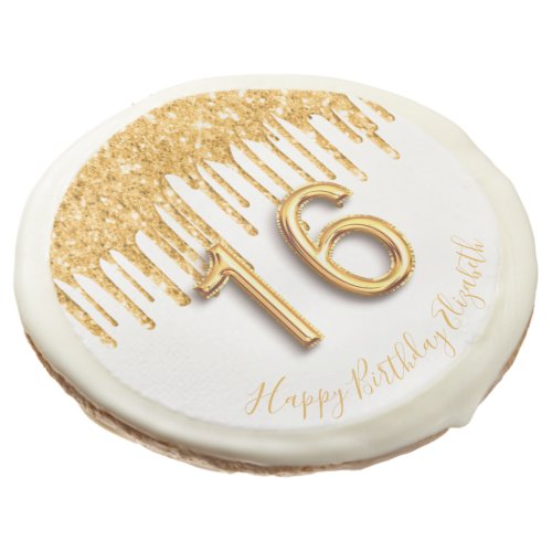 16th birthday white gold glitter balloon style sugar cookie