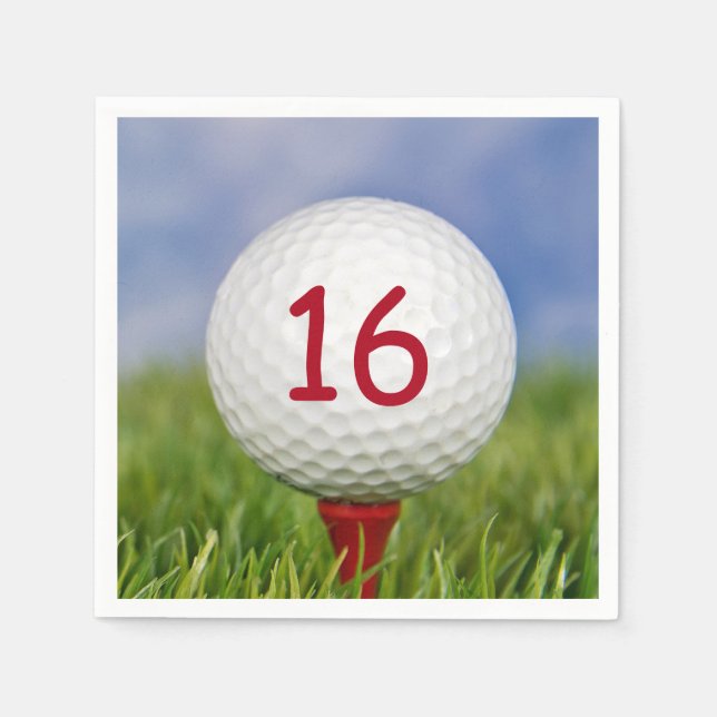 16th birthday white golf ball on red tee napkins (Front)