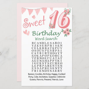16th Birthday Word Search Game