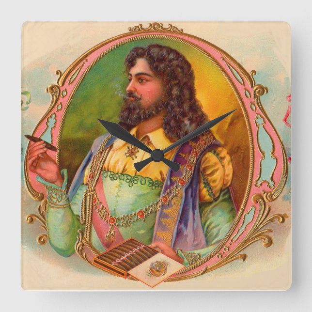 16th century cigar smoker cigar box label square wall clock (Front)