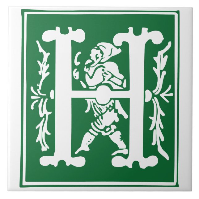 16th Century Mythic Creatures Decorative Capital H Ceramic Tile (Front)