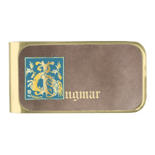 16th Century Mythic Creatures Decorative Capital I Gold Finish Money Clip
