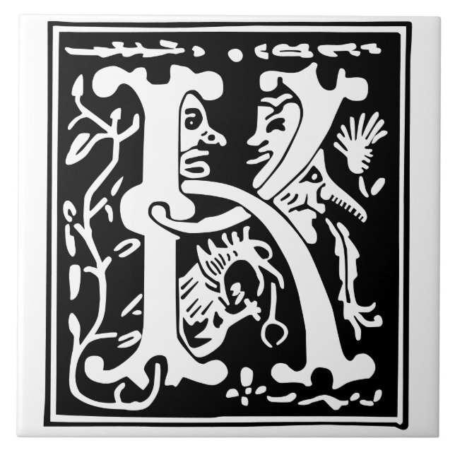 16th Century Mythic Creatures Decorative Capital K Ceramic Tile (Front)