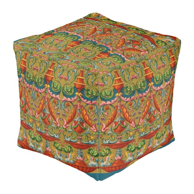 16th century winged sphynx fountain flowers fronds pouf (Angled Back)