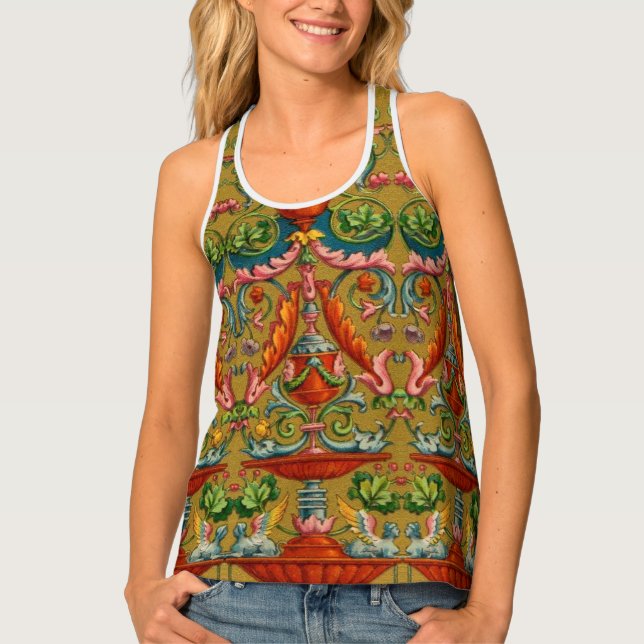 16th century winged sphynx fountain flowers fronds tank top (Front)