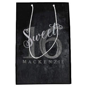 16th Charcoal Gray Sweet 16 Silver Glitter Medium Gift Bag