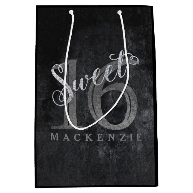 16th Charcoal Gray | Sweet 16 Silver Glitter | Medium Gift Bag (Front)