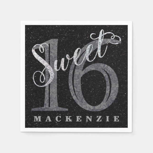16th Charcoal Gray | Sweet 16 Silver Glitter | Paper Napkins (Front)