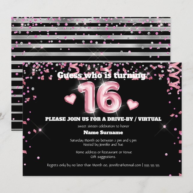16th foil glitter pink silver black heart sparkle invitation (Front/Back)