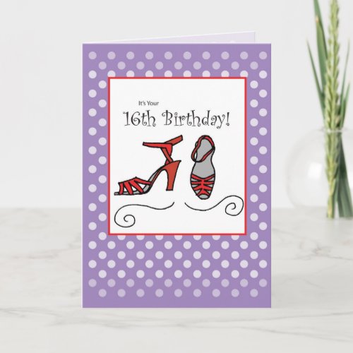 16th Girl Birthday Card  Shoes Purple Polka Dots Card