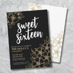 16th Gold Floral Sweet Sixteen Birthday Invitation<br><div class="desc">16th Black Gold Floral Sweet Sixteen Birthday Invitation. A fun but elegant 16th birthday party invitation with stylish gold and white flower outlines. Please note the 'gold' is just a color, there is no foil or shimmer to it. A playful flower pattern frames a script typography "sweet sixteen" mixed with...</div>