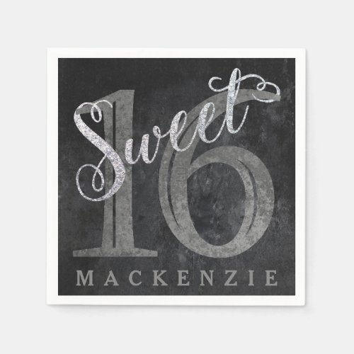 16th Gray  Sweet 16 Glitter on Black Chalkboard Napkins