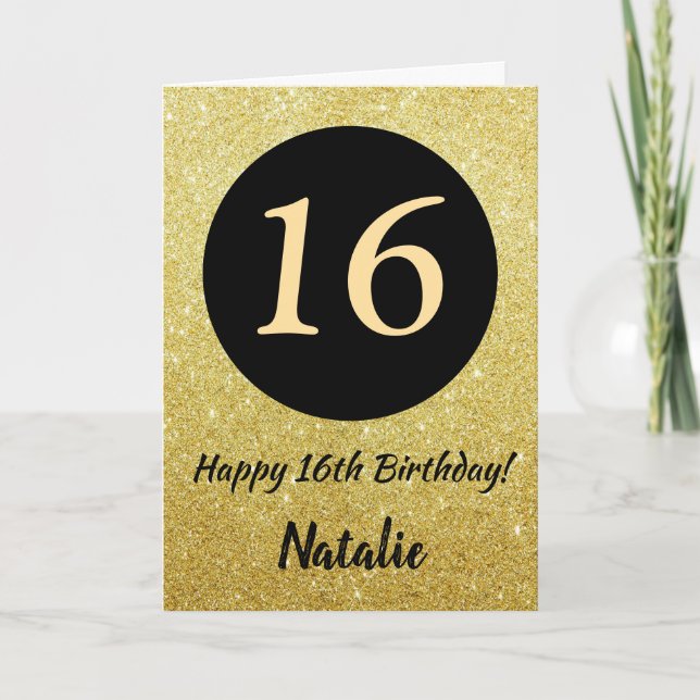 16th Happy Birthday Black and Gold Glitter Card (Front)