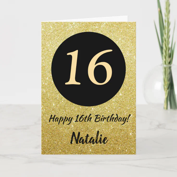 16th Happy Birthday Black and Gold Glitter Card | Zazzle