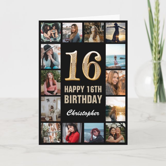 16th Happy Birthday Black and Gold Photo Collage Card (Front)