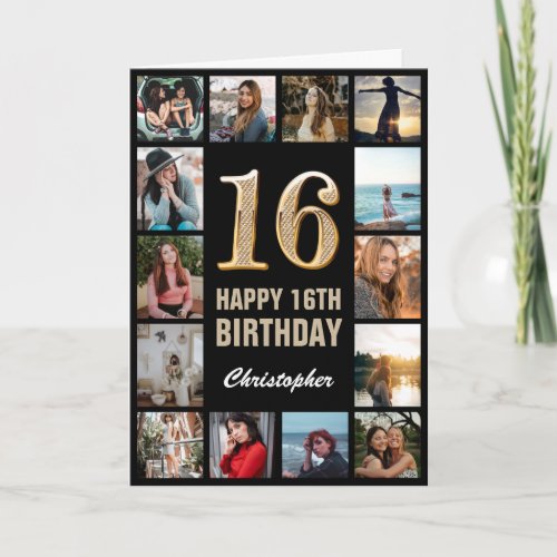 16th Happy Birthday Black and Gold Photo Collage Card