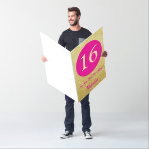 16th Happy Birthday Hot Pink and Gold Extra Large Card