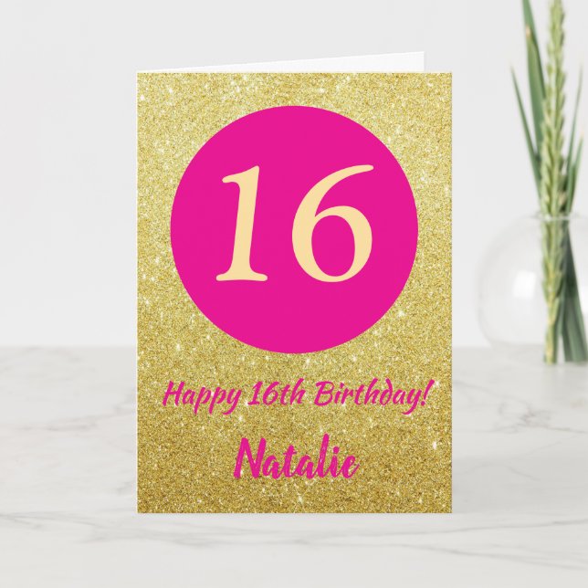 16th Happy Birthday Hot Pink and Gold Glitter Card (Front)